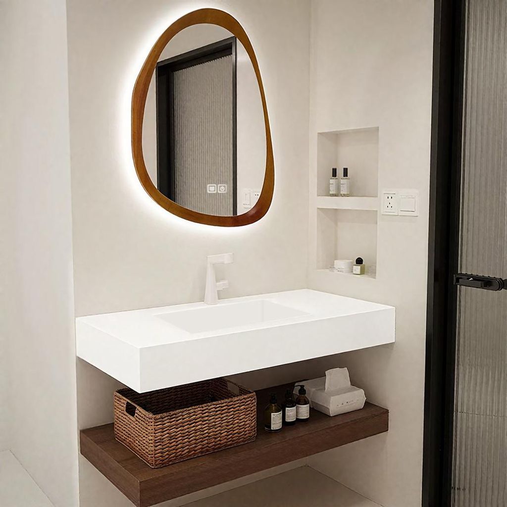 Waschbecken aus Keramik Modernes Waschbecken Badezimmer Hänge Waschbecken mit Asymmetrischer LED Spiegel, Ablage 120*55cm 【C028】