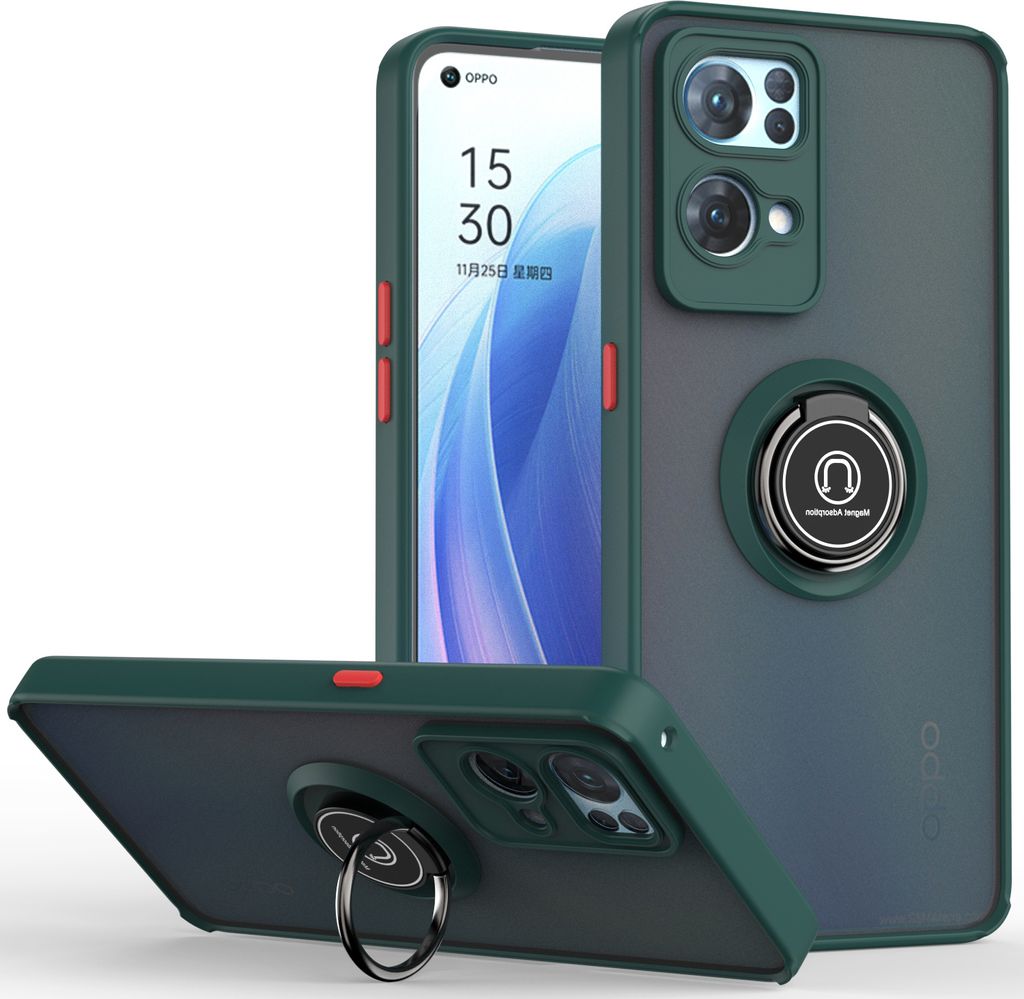 OPPO Reno7 Pro 5G Hülle, Ring Halter Ständer Matte Transluzent TPU Rahmen Stoßfest Schutzhülle für OPPO Reno7 Pro 5G dunkelgrün