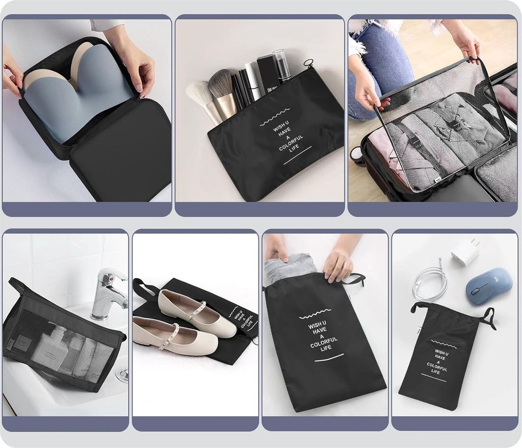 Kofferorganizerset - 9 Stück - schwarz - für effizientes Packen