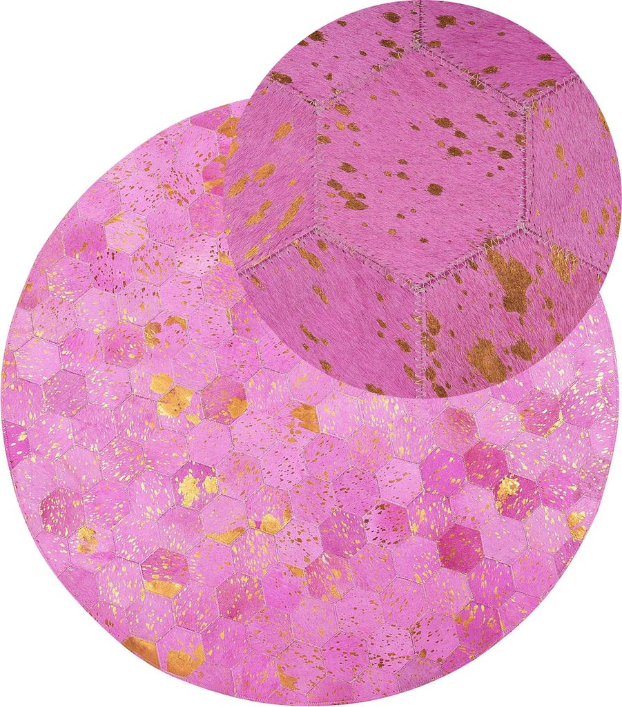 BELIANI Teppich Rosa Gold Echtleder ø 140 cm Kurzflor Modern Handgewebt Rund
