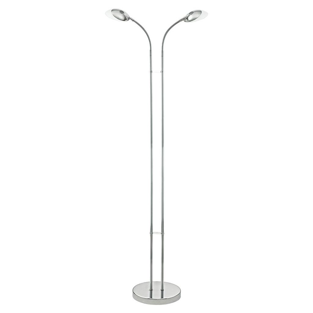 A modern, double-headed floor lamp with a sleek, metallic finish.