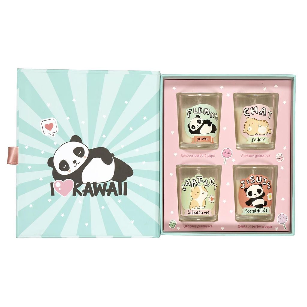 Kawaii Duftkerzen Geschenkset – 4er Set – Duftkerzen im Glas – Süße Düfte – Dekorative Kerzen in Geschenkverpackung