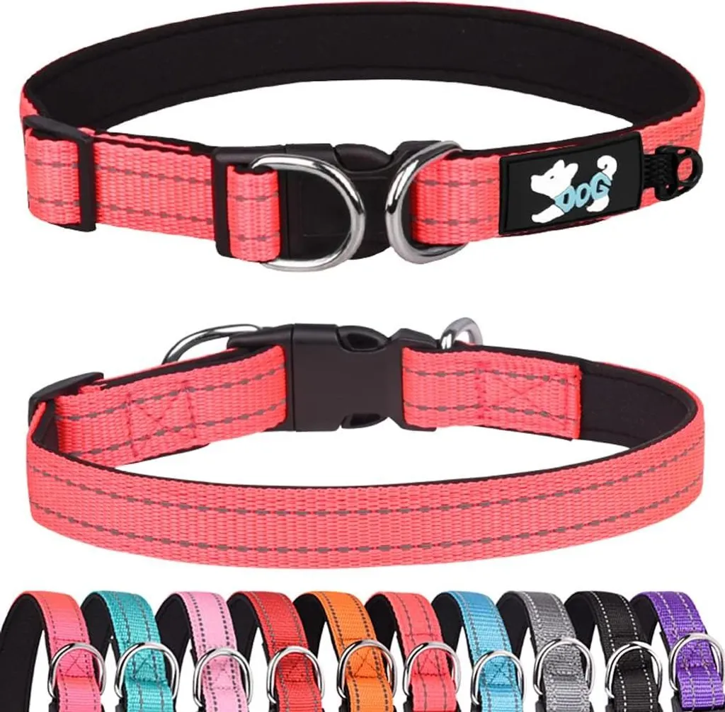 Collier chien réfléchissant et ouaté rose - Nylon robuste et sécurisé