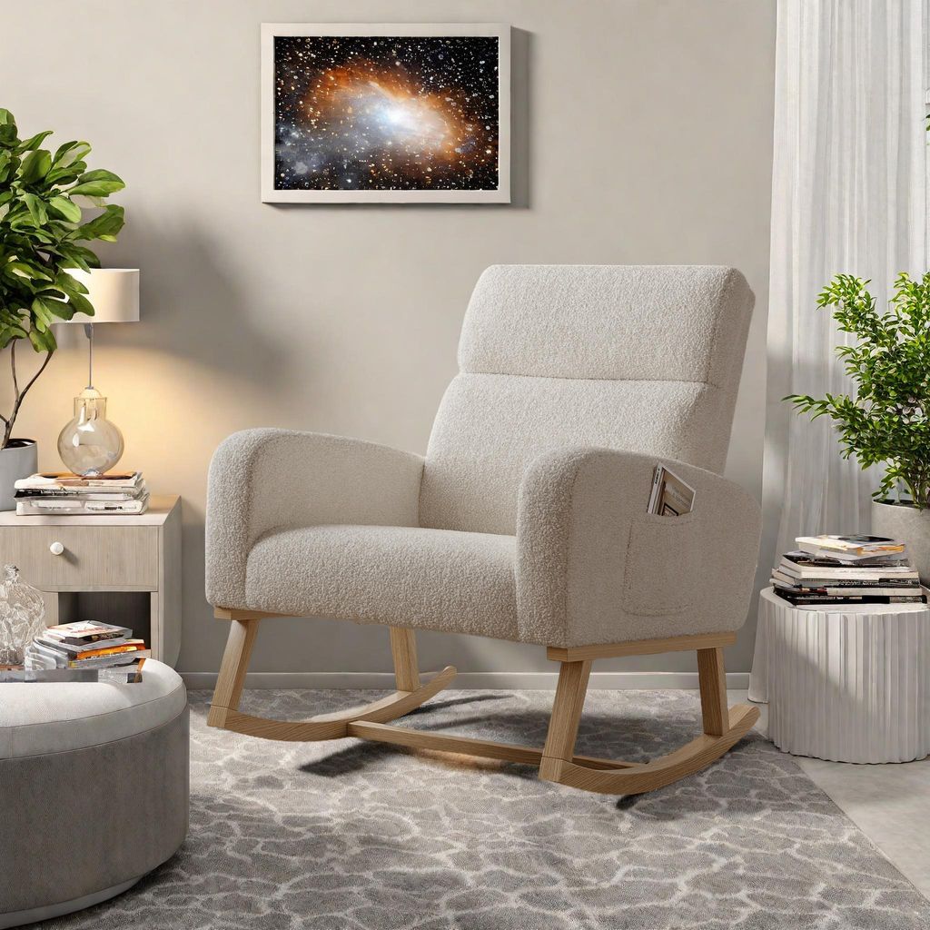 Beigefarbener Schaukelstuhl aus Teddyfell mit Seitentaschen, breiter Sitzfläche und geräuschlosen, rutschfesten Gleitern