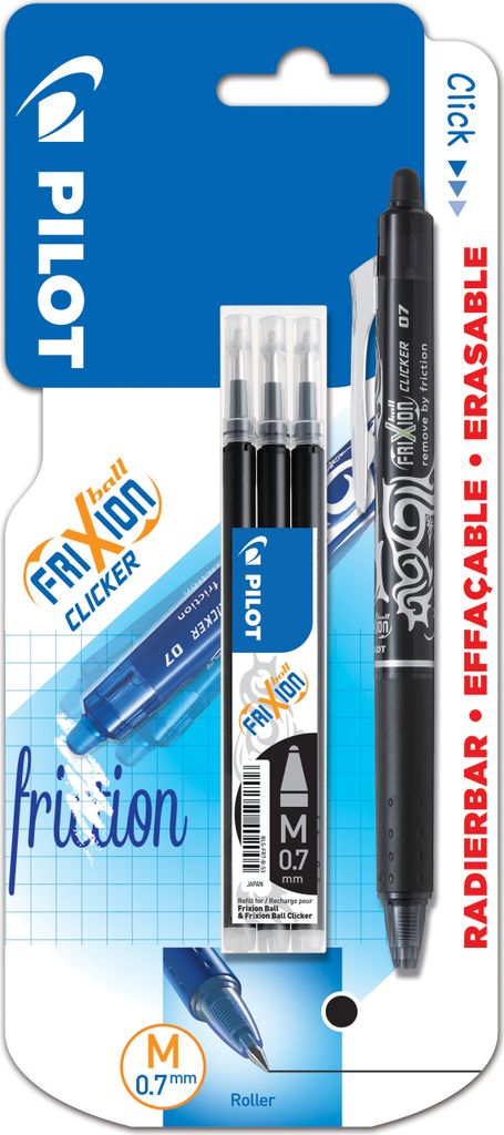 Pilot - Gelroller Frixion Ball Clicker, 4er Blister (1 Gelroller + 3 Minen), schwarz