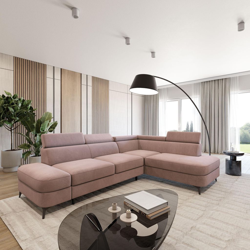 Masseno Ecksofa AVISE MV R-S mit Schlaffunktion L-Form, Sofa mit Bettkasten, Wohnzimmersofa, Couch, Soffa, Bettsofa, Couchgarnitur- Rosa, MATT VELV...