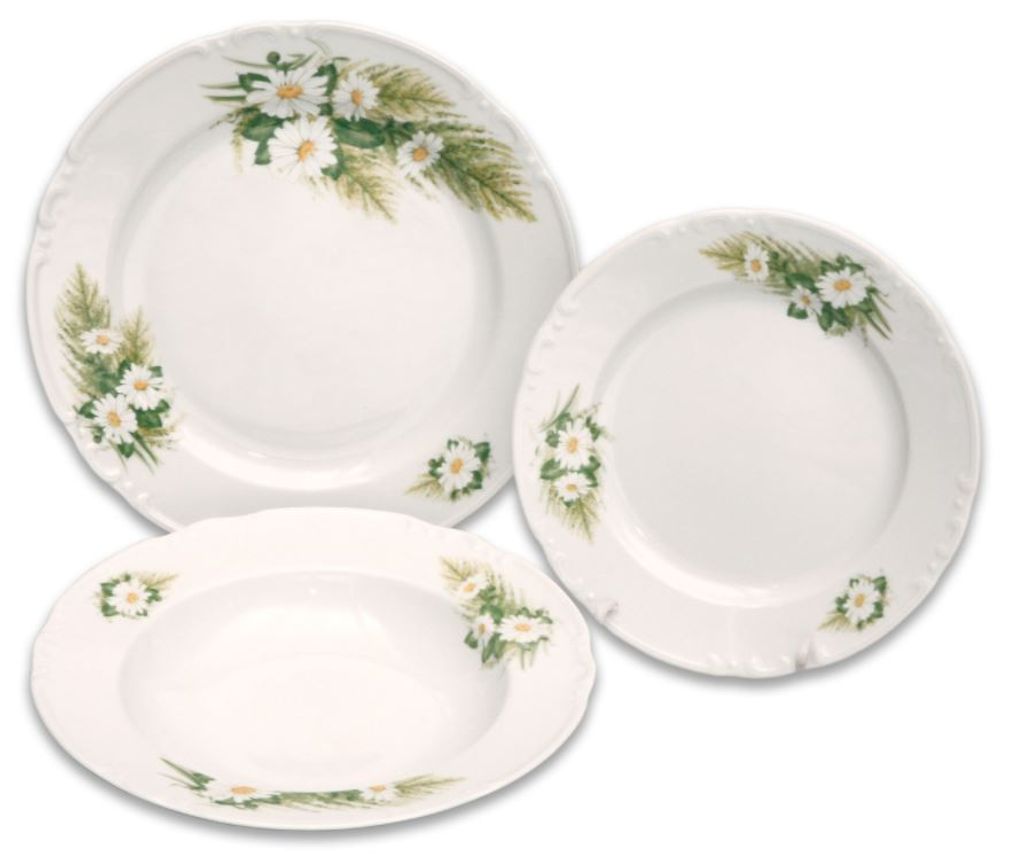 Three white plates with a floral daisy and green leaf pattern arranged on a white background.