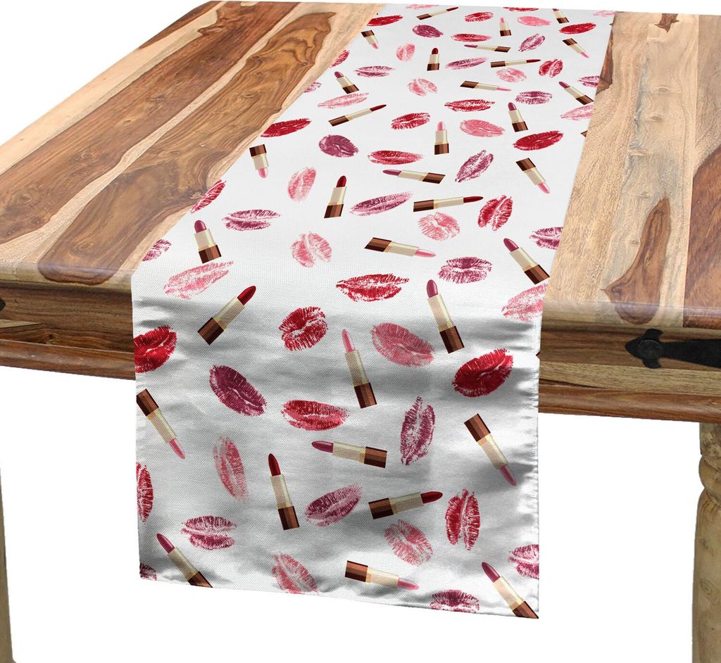 ABAKUHAUS Kosmetika Tischläufer, Schönheits-Thema-Rosa und Burgunder-Lippenstift-und Kuss-Muster-Make-upkonzept, 40 x 180 cm, Burgunder und Rosa