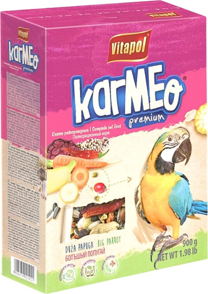 Vitapol Karmeo Papageienfutter 900G - Hochwertige Zutaten, Verbesserte Rezeptur, Rohfaserreich