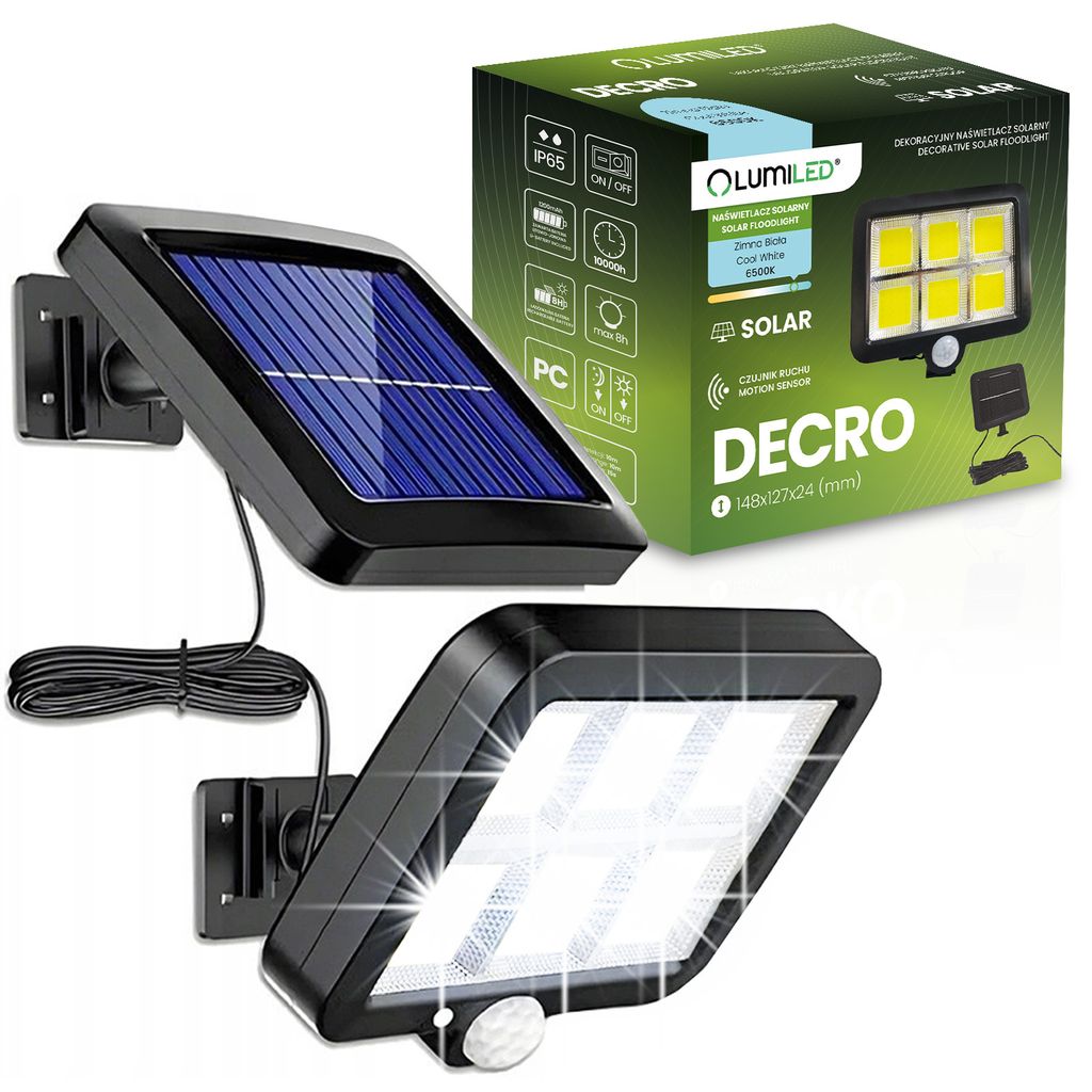 A product shot showing a solar-powered outdoor light and its packaging.