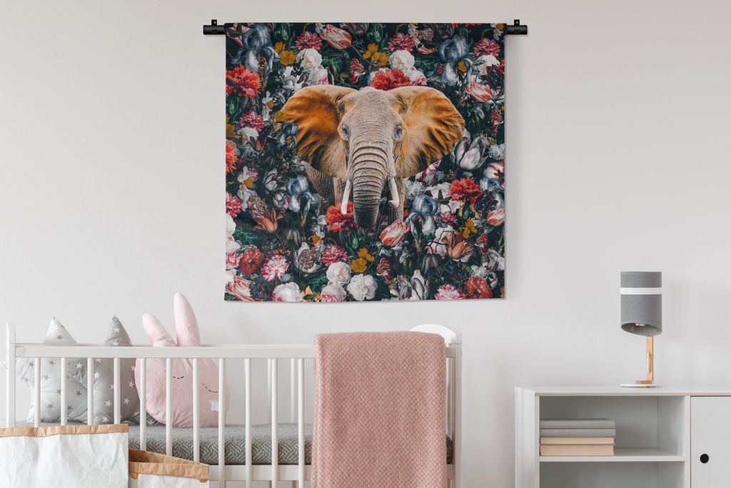 MuchoWow Wandteppich Wandbehang Elefant - Blumen - Tasse 90x90 cm Tapisserie Dekoration Wandtuch - Wandaufhänger