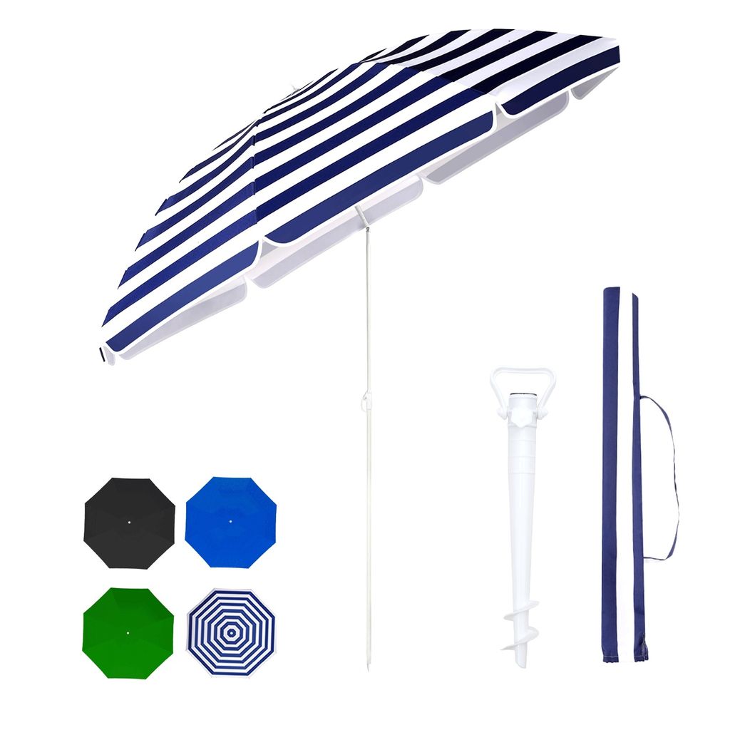 A collection of beach umbrella components and accessories, including a blue and white striped umbrella, a white ground spike, and a carrying bag, along with swatches of other umbrella colors.