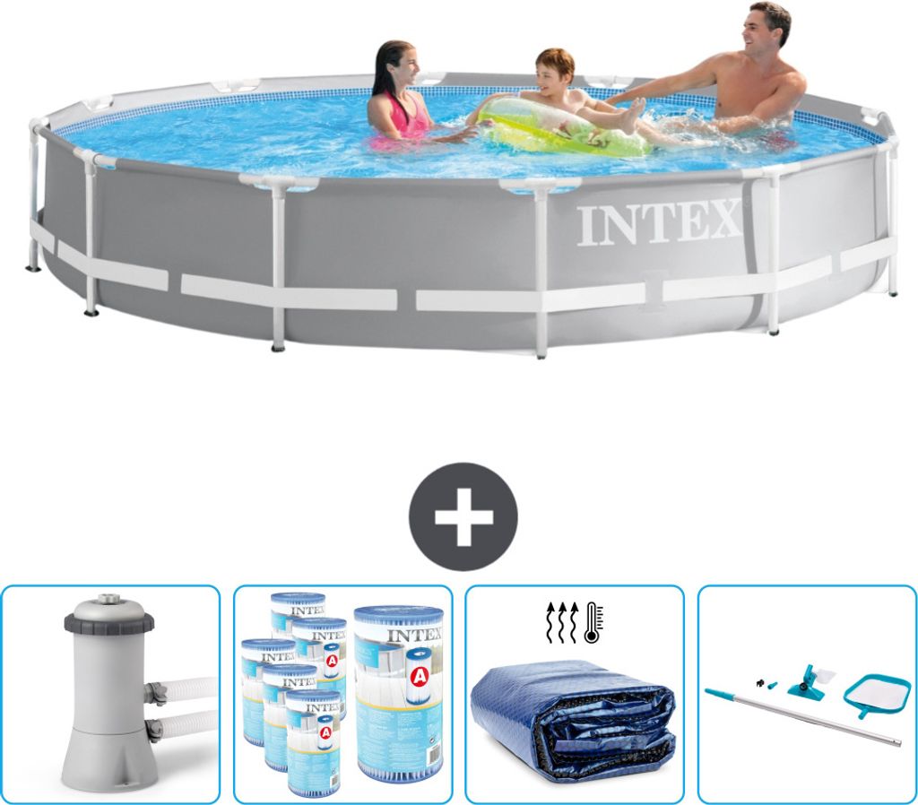 Intex Round Prism Frame Swimming Pool – 366 x 76 cm – Grau – inklusive Pumpe Filter - Sonnensegel - Reinigungskit