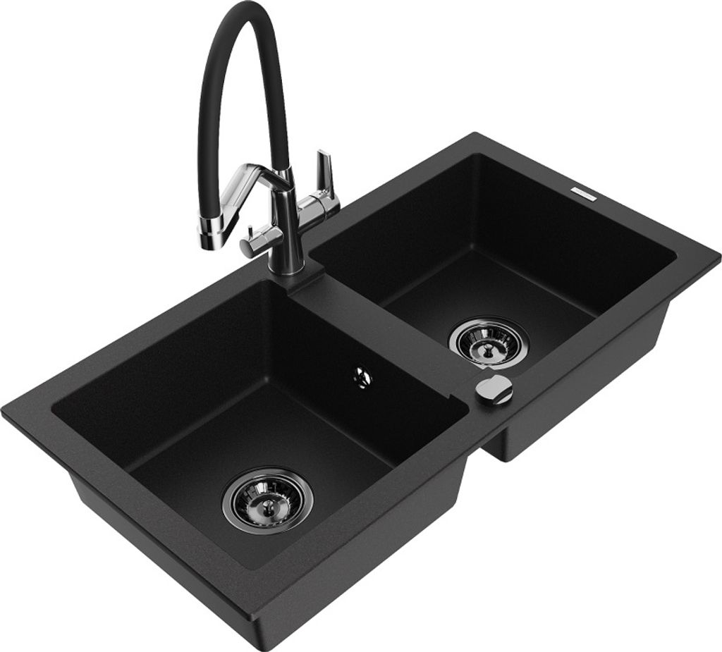 Mexen Mario 2-Becken-Granitspüle mit Mischbatterie Duo, Schwarz - 6504-77-671701-07-B