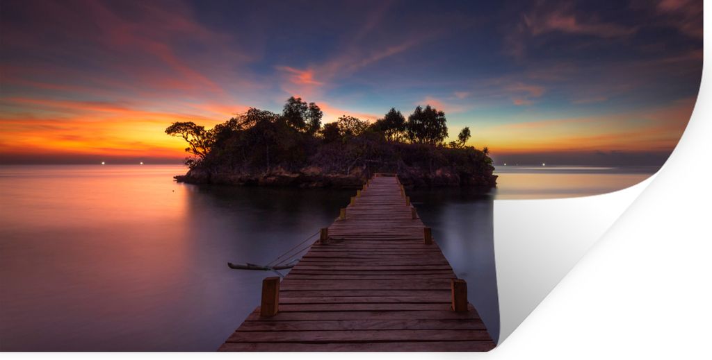 MuchoWow Wandtattoo Wandsticker Wandaufkleber Sonnenuntergang - Brücke - Bäume - Wasser - Insel 80x40 cm Selbstklebend und Repositionierbar - A...