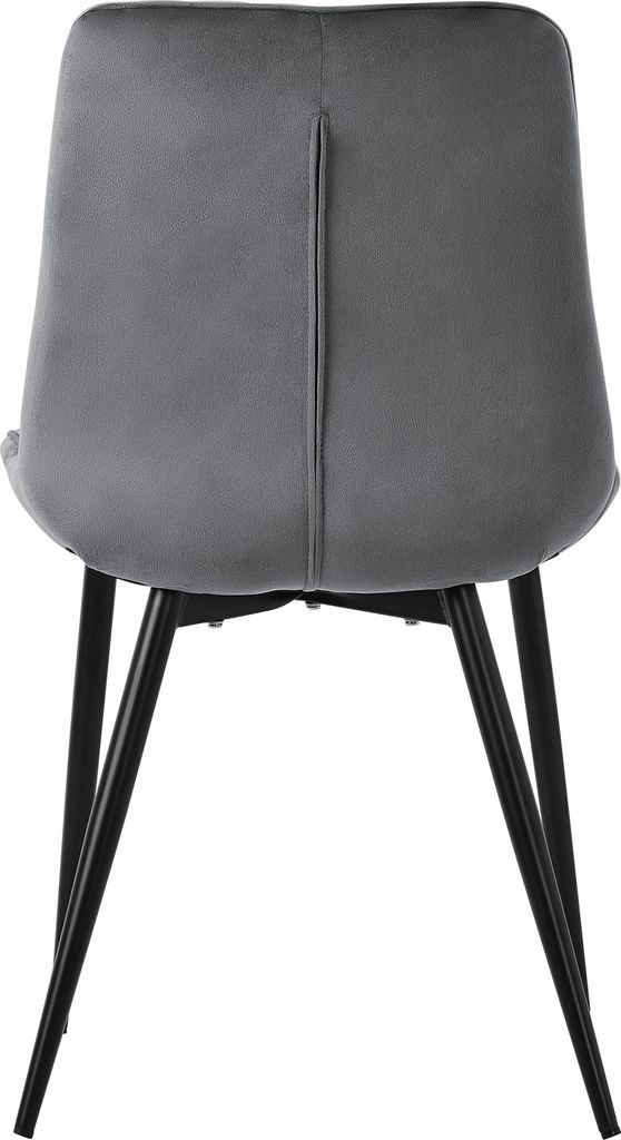 The back view of a gray velvet dining chair with black metal legs.