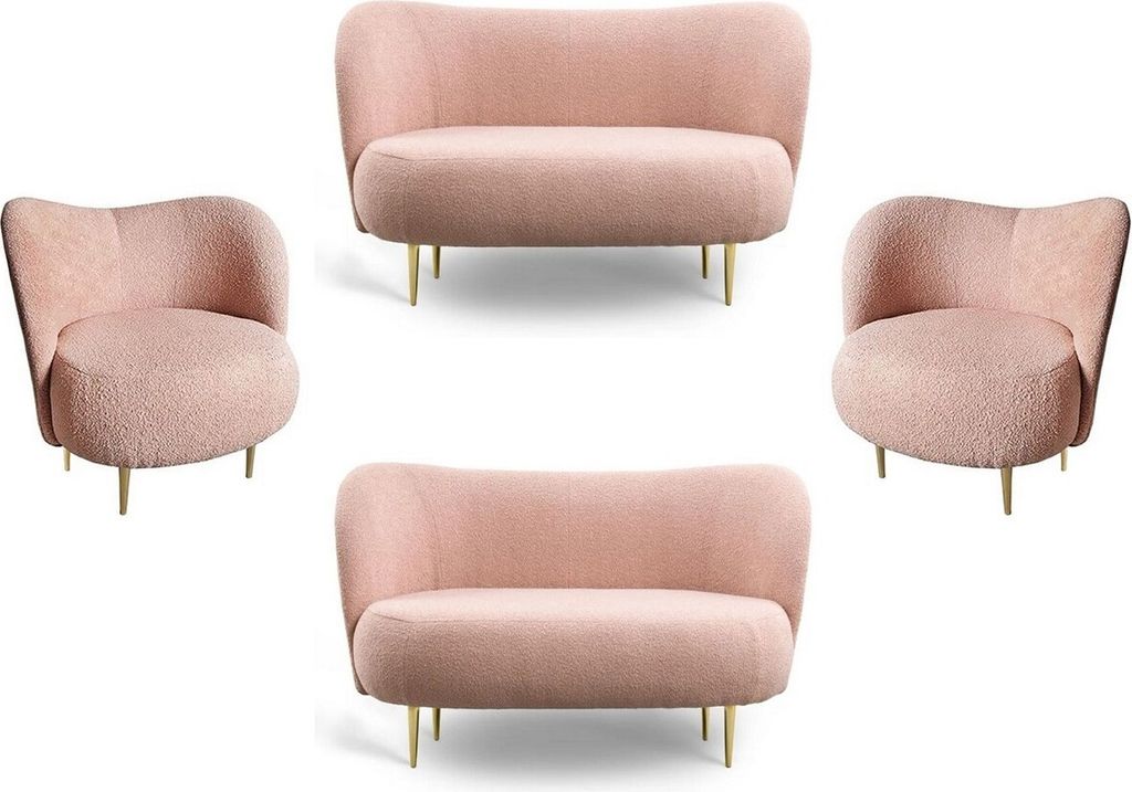 Casa Padrino Luxus Wohnzimmer Set Rosa / Gold - 2 Luxus Sofas mit gebogener Rückenlehne & 2 Luxus Sessel mit gebogener Rückenlehne - Wohnzimmer M...