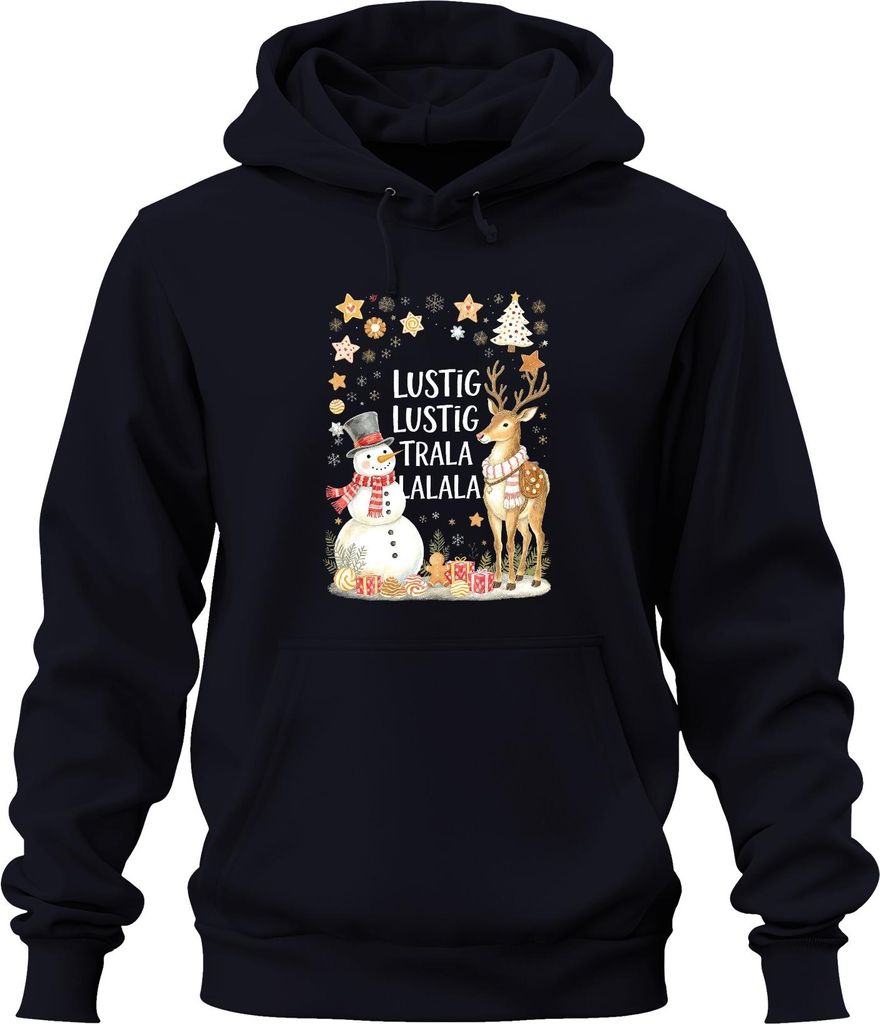 Lustig Lustig Trala Lalala Weihnachten Schneemann Rentier Retro Uni Hoodie Kapuzenpullover, Navy, XL