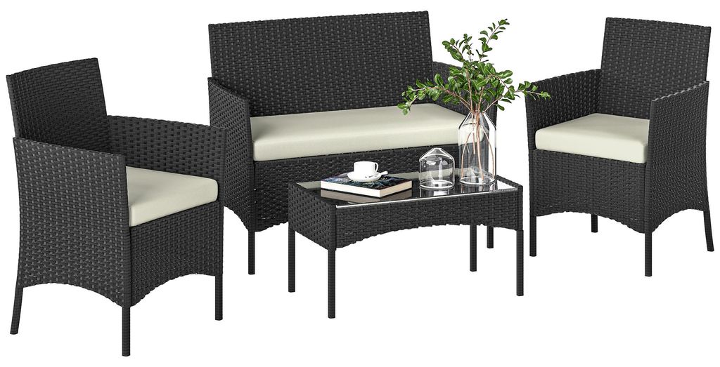4-tlg. Polyrattan Lounge-Set, 4 Personen, Schwarz+Creme, UV-best?ndig, Tisch mit Sicherheitsglasplatte, abnehmbare Kissen