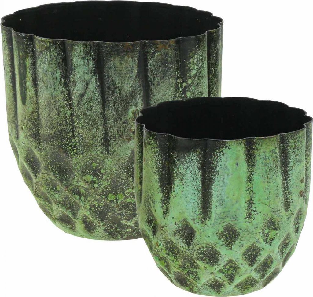 2er-Set Vintage Blumentopf Grün aus Metall Ø14/12cm - Dekorative Übertöpfe für künstliche Pflanzen & Deko
