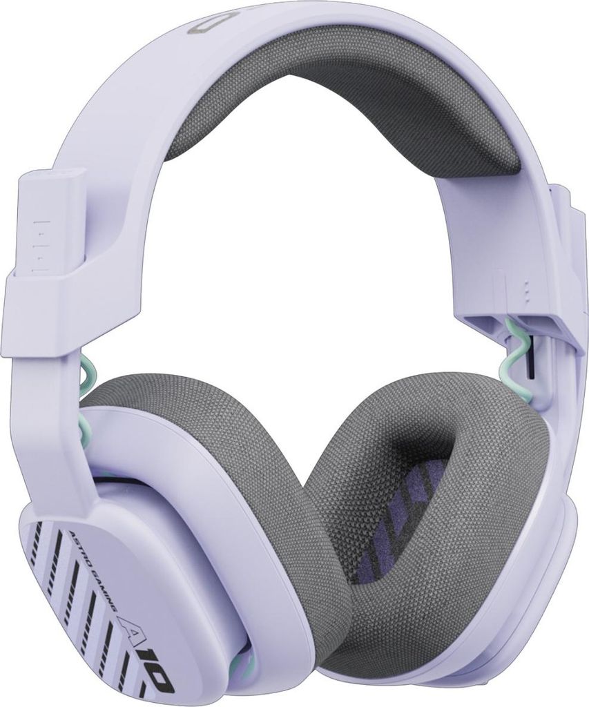 A studio shot of a pair of purple and gray gaming headphones.