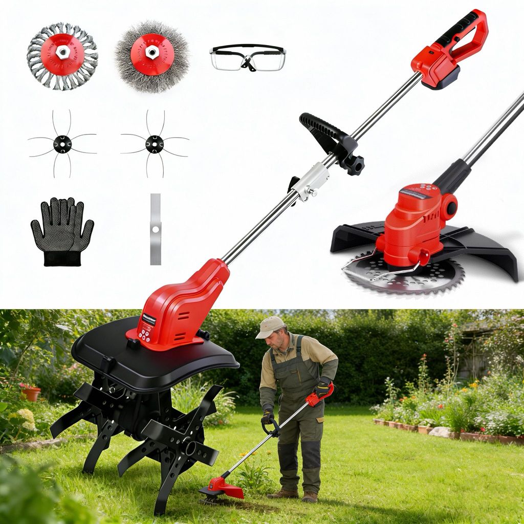 980W 2 IN 1 Akku Rasentrimmer & Bodenhacke 21V Kupfermotor, 25*22cm Arbeitsbreite Gartenhacke Kultivator Elektrisch Garten Motorhacke für Makita 18V