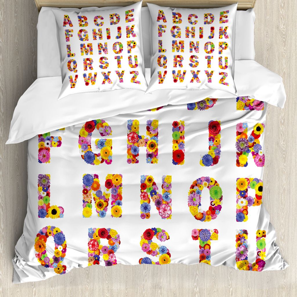 ABAKUHAUS Briefe Bettbezug, Bunte Flora Alphabet, Milbensicher Allergiker geeignet mit Kissenbezügen, 155 cm x 220 cm - 80 x 80 cm, Mehrfarbig