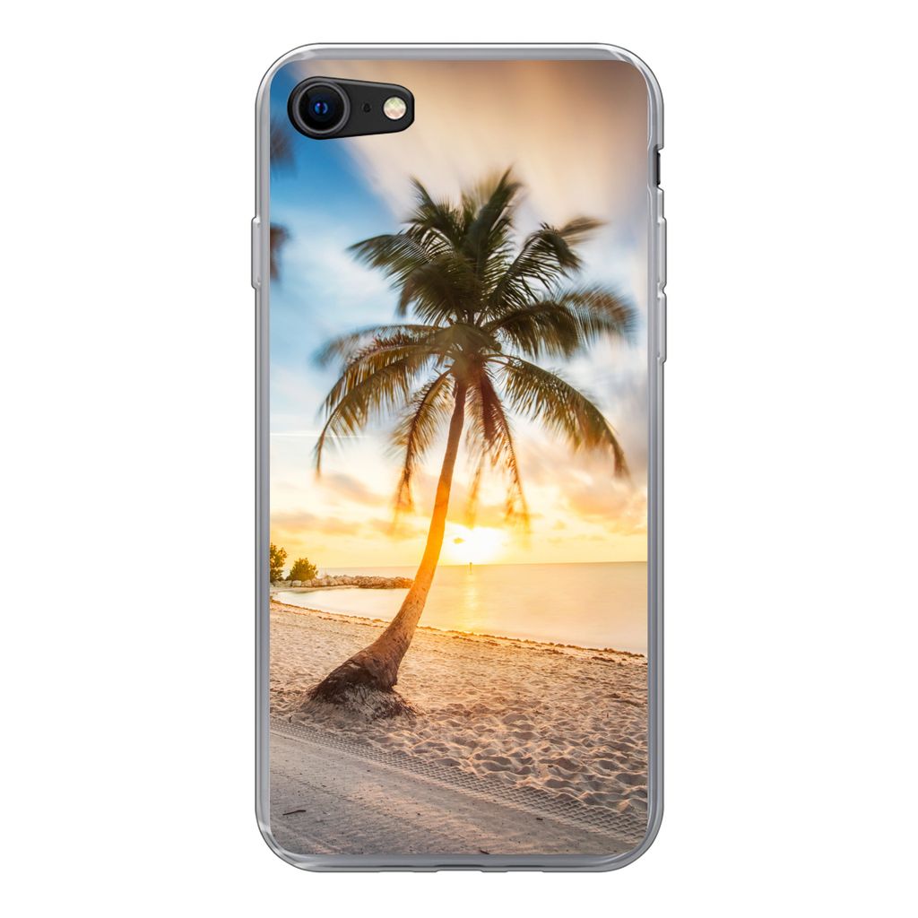 MuchoWow Handyhülle Schutzhülle Hülle für iPhone 7 Sonnenuntergang - Strand - Palme Silikon Softcase Handy Hülle - Kartenhalter