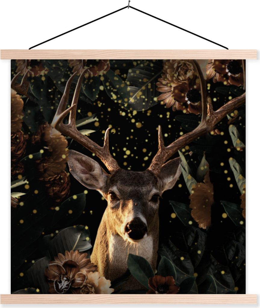 MuchoWow Textilposter Hirsche - Blumen - Licht - Botanisch 120x120 cm mit holzfarbenen Rahmen - Textil-Poster