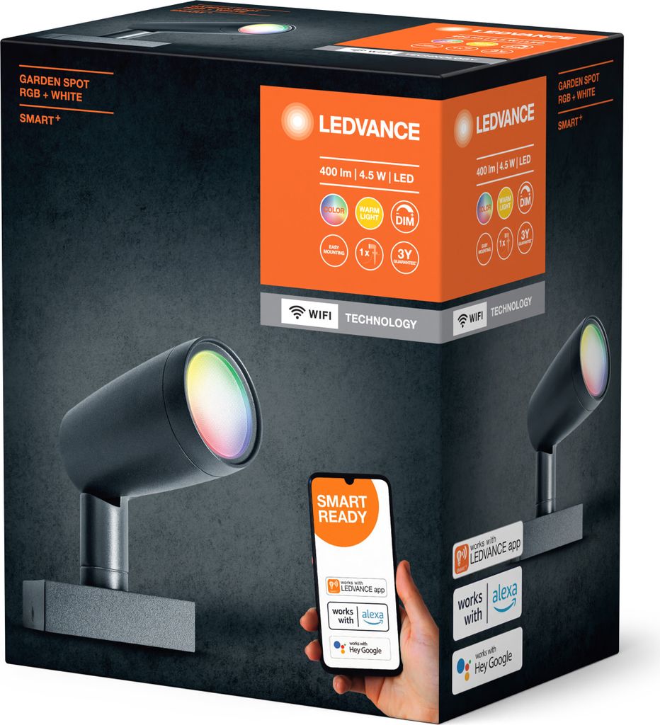 The image shows the packaging of a garden spotlight with a smartphone displaying the smart home app.