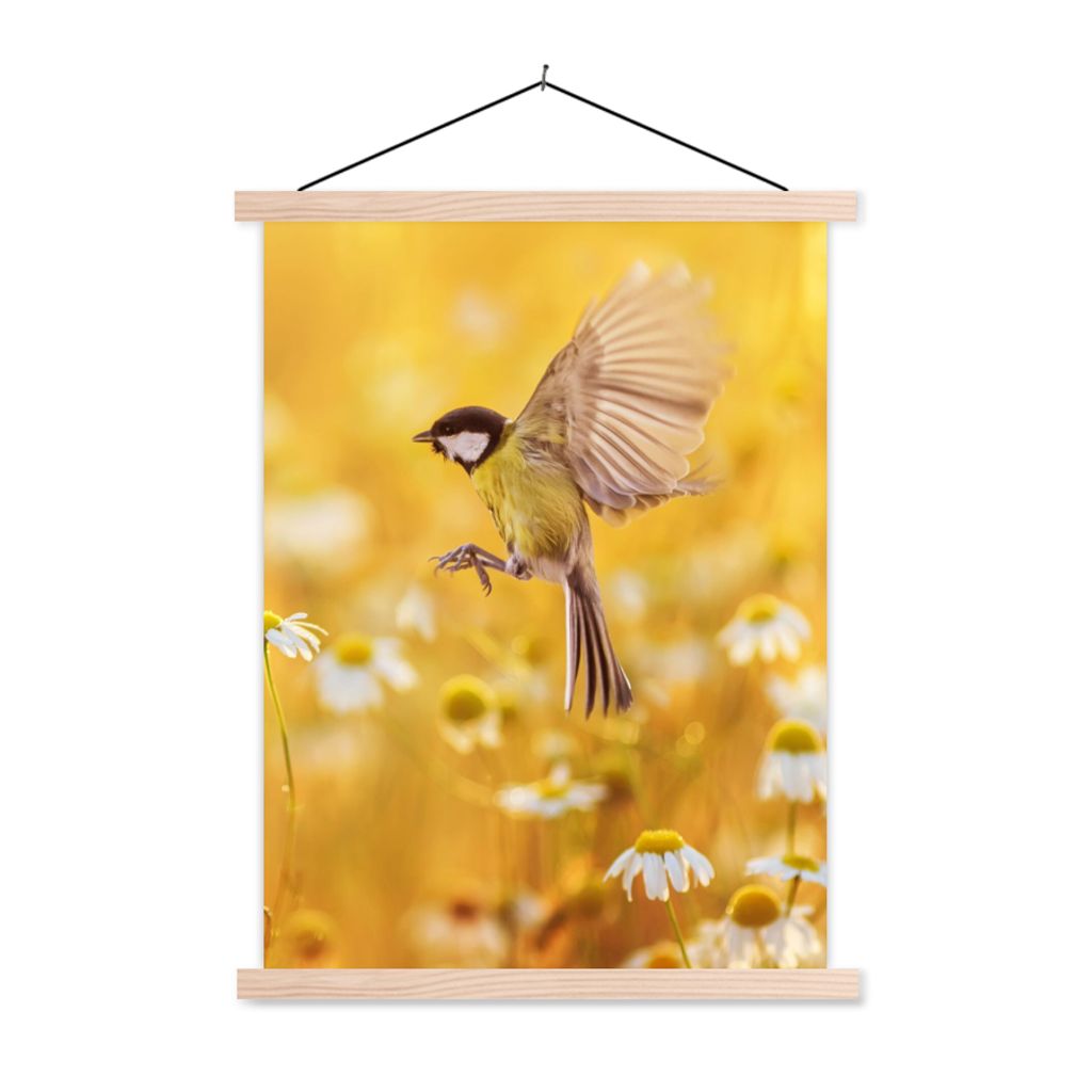 MuchoWow Textilposter Vogel - Kohlmeise - Blumen - Gänseblümchen 60x80 cm mit holzfarbenen Rahmen - Wandbild