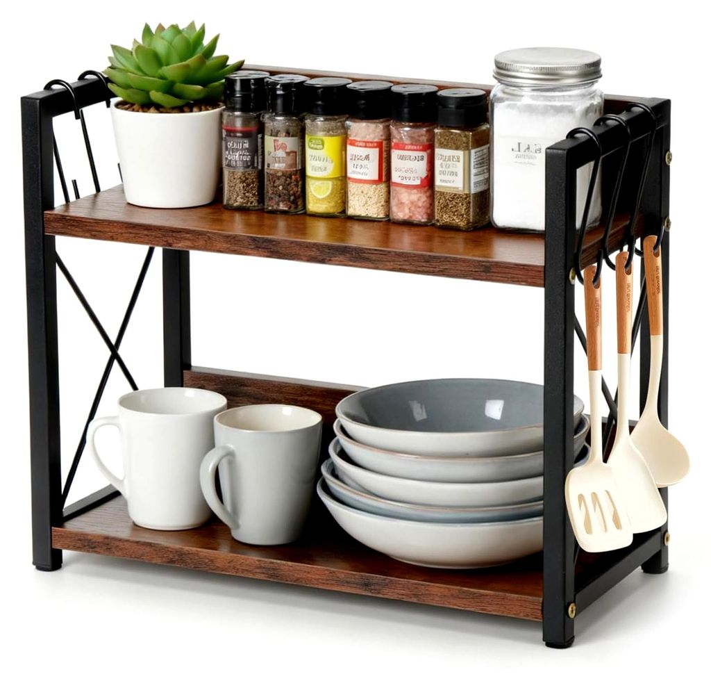 Kaffee- und Tee-Organizer, 2-stufiger Holz-Organizer für die Kaffeebar, Tassenhalter und Tassenständer für Arbeitsplatten, Gewürzregal für die...