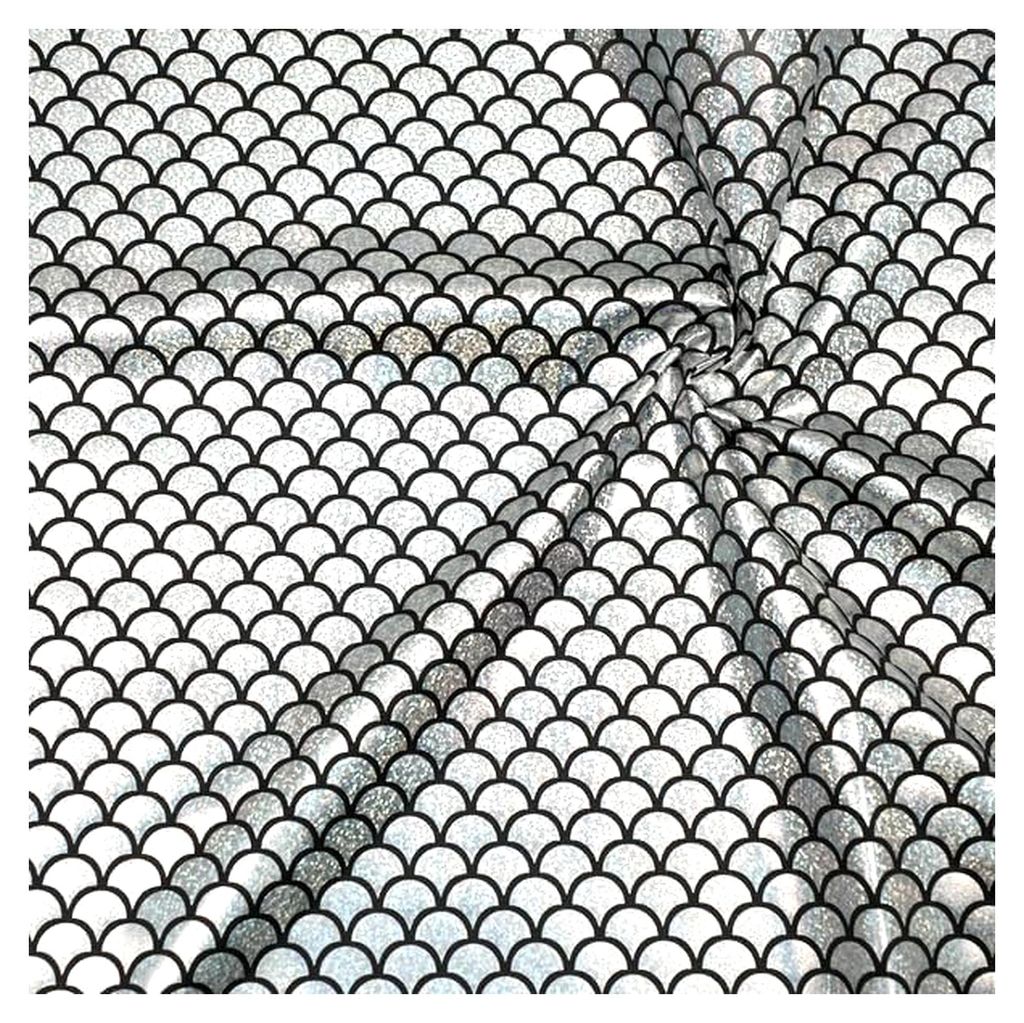 Glitzerstoff aus Folienjersey in Silber mit Schuppenoptik, glänzend und dehnbar, ca. 145 cm breit, ca. 220 g/lfm