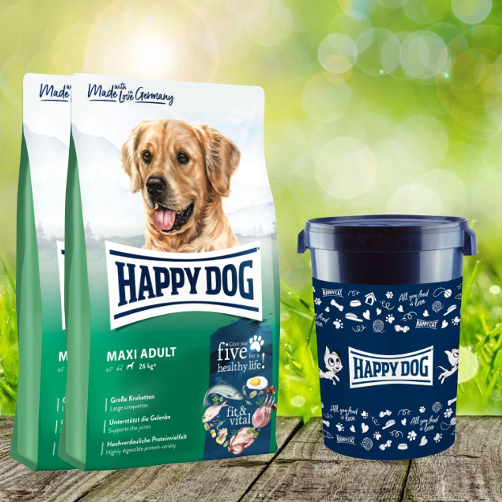 Happy Dog fit & vital Maxi Adult 2 x 14 kg + Happy Dog Futtertonne 43 Liter geschenkt