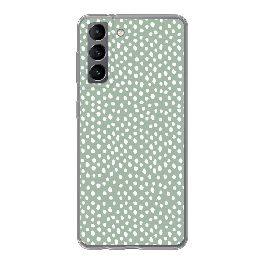 MuchoWow Handyhülle Schutzhülle Hülle für Samsung Galaxy S21 Polka dots - Grün - Weiß Silikon Softcase Handy Hülle - Softcase