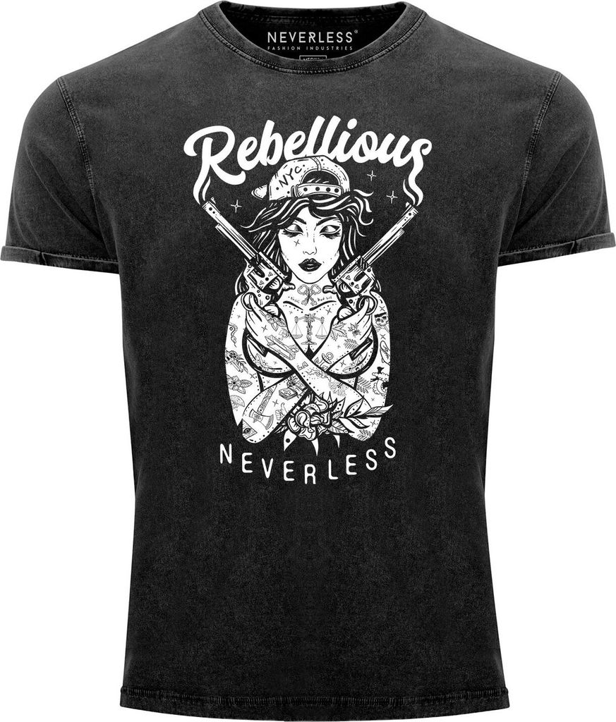 Herren Vintage Shirt Rebellious Girl with Guns Gangster Neverless Printshirt T-Shirt Aufdruck Used Look Neverless schwarz XXL