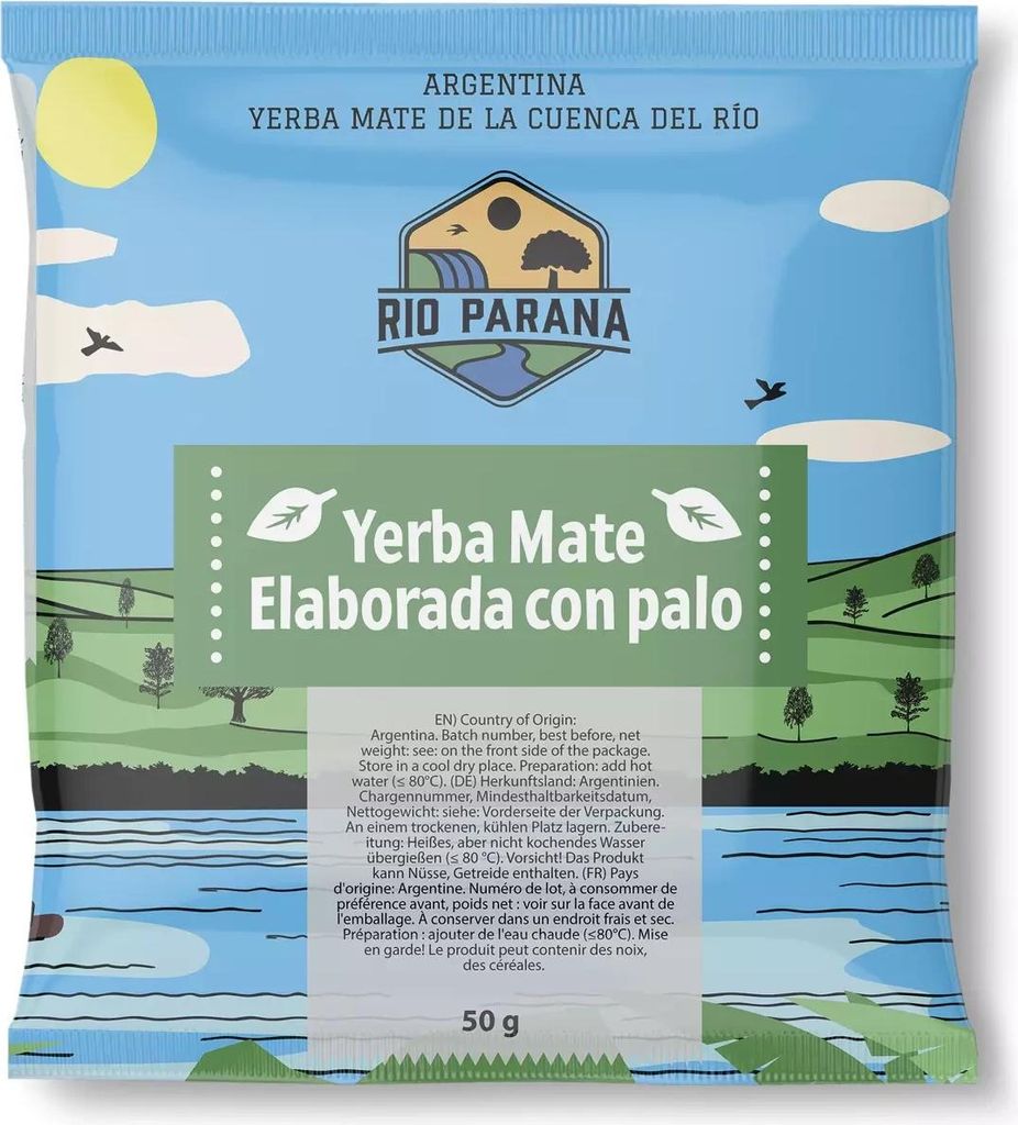 Rio Parana - Mate Tee Probe Elaborada Con Palo 50g - Traditionell, Mild - Luftgetrocknet - Wenig Staub - Yerba Argentinien - Mindestens 1 Jahr Gereift