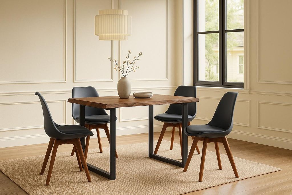 Essgruppe Baumkante massiv 140 x 80 cm Holz-Optik Nussbaum U-Gestell schwarz & 4 Stühle schwarz JOSY