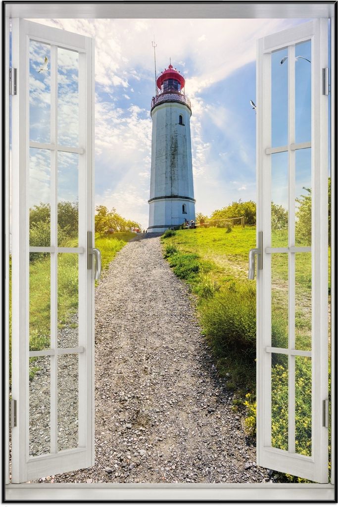 Wallario Wandbild mit Fenster-Illusion: Leuchtturm auf Hiddensee bei Sonnenschein, Größe: 61 x 91,5 cm, Poster mit schwarzem Aluminiumrahmen