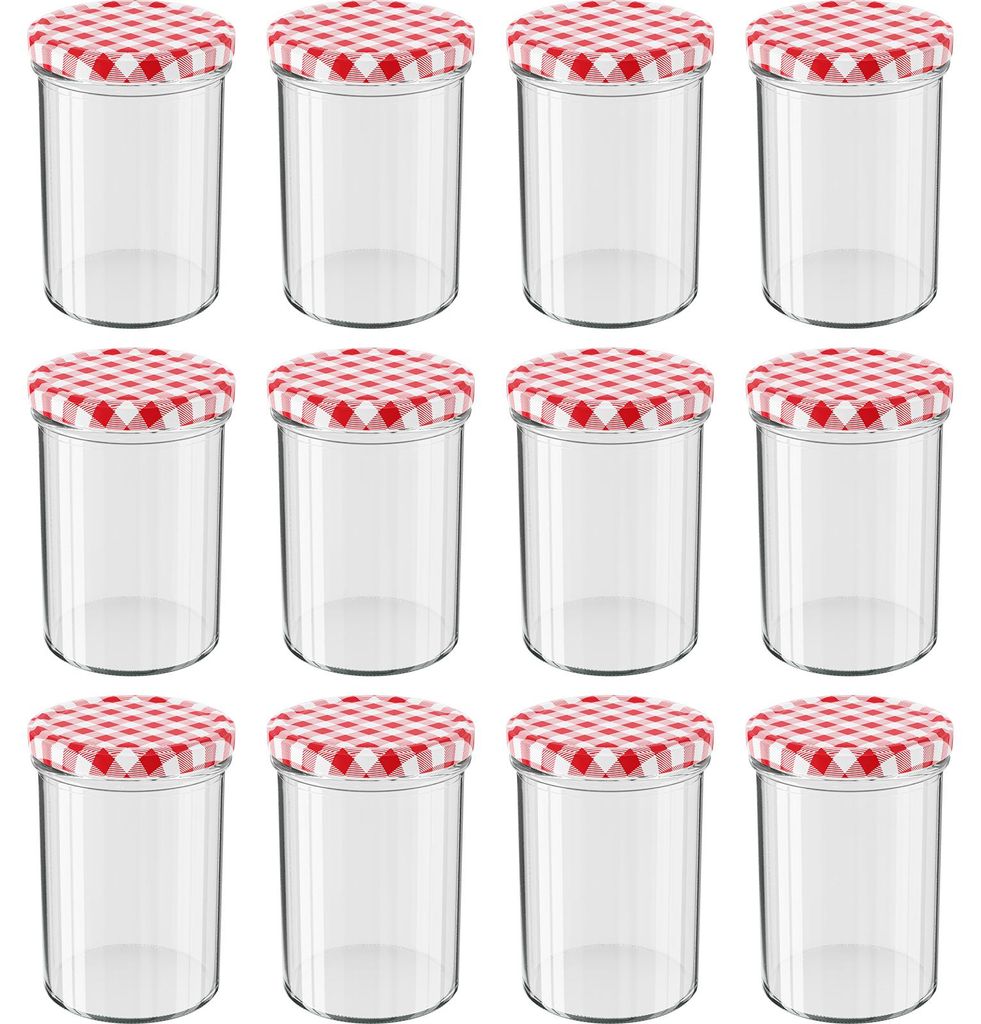 WELLGRO Einmachgläser rot kariert 435ml mit Schraubdeckel - Produktbild 