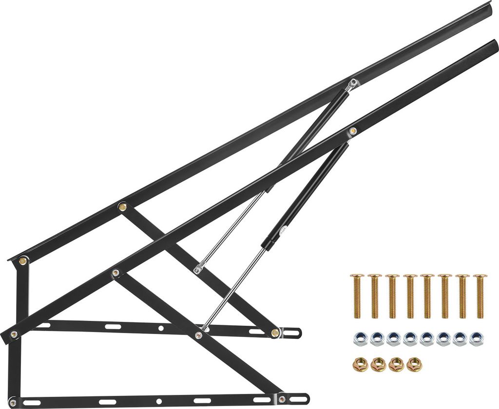 A black metal bed lift mechanism with included hardware, displayed against a white background.