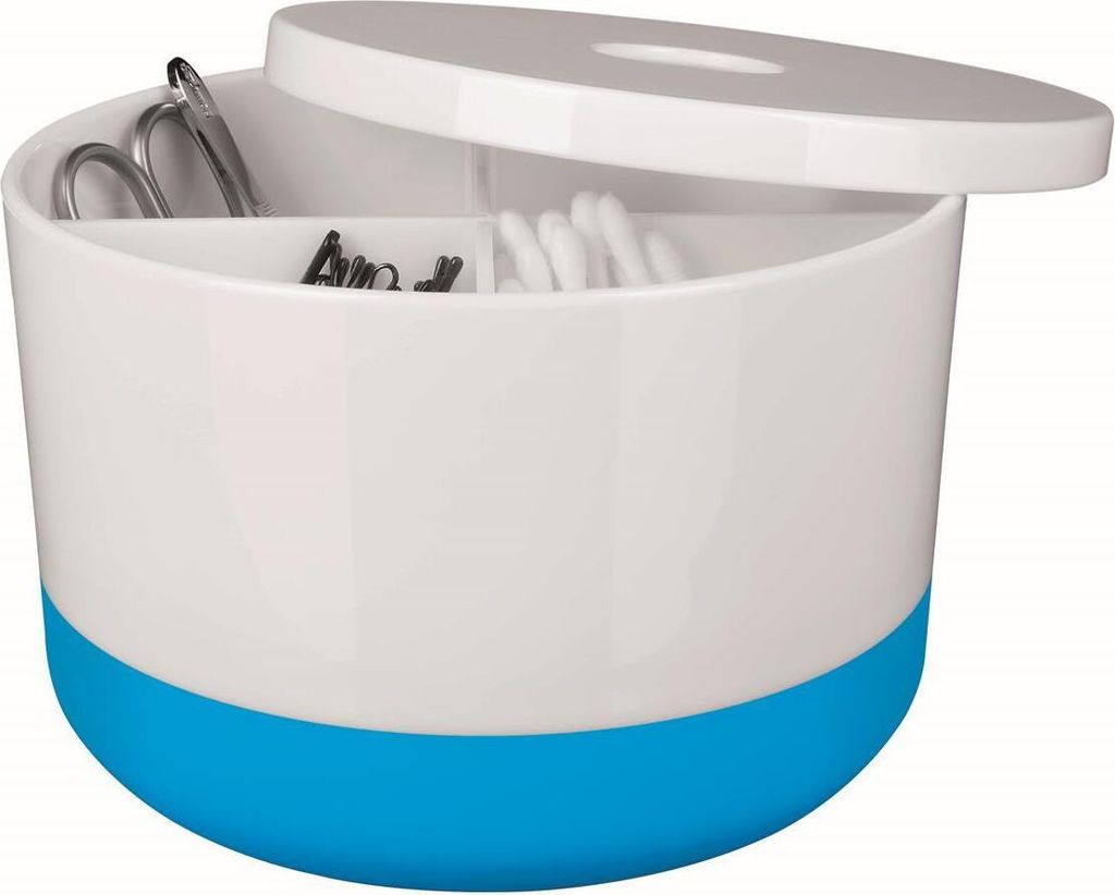 Spirella Kosmetikorganizer "Moji" mit individuell verstellbaren Fächern Aufbewahrungsbox für Make Up und Schmuck 15x9cm mit Deckel Weiß/Blau