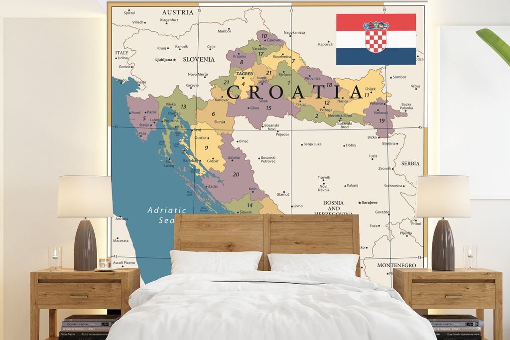 MuchoWow Fototapete für Wohnzimmer oder Schlafzimmer Wandtapete Vinyl Motivtapete Karte von Kroatien mit Bezirken und Städten - 220x240 cm - Wo...