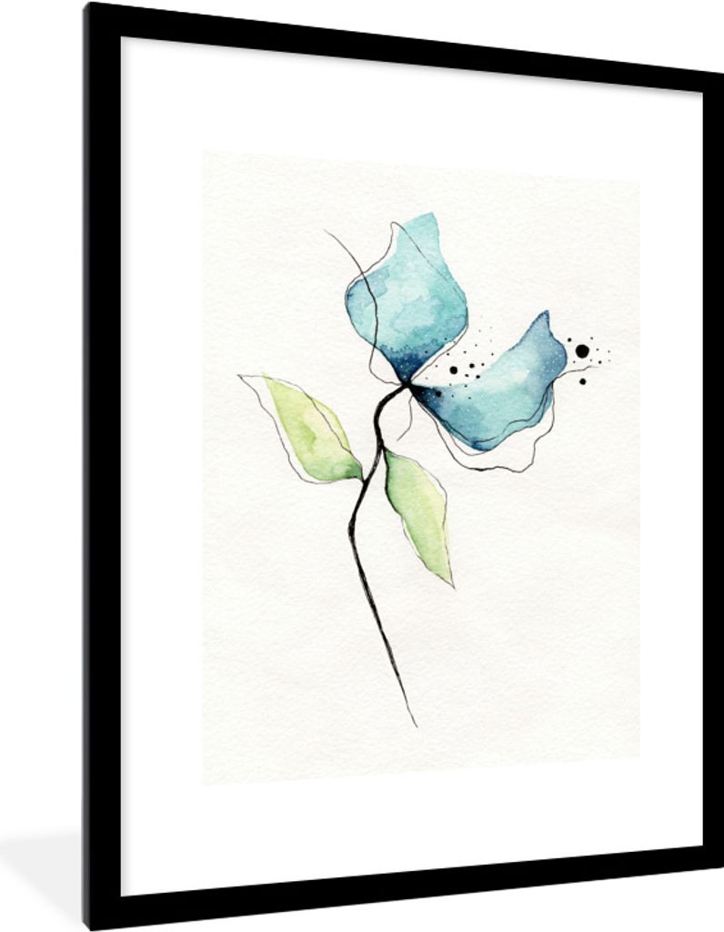 MuchoWow MuchoWow Gerahmtes Poster Blumen - Aquarell - Blau 60x80 cm - Poster mit zchwarzem Bilderrahmen - Wohnzimmer - Dekorationen - Prämie