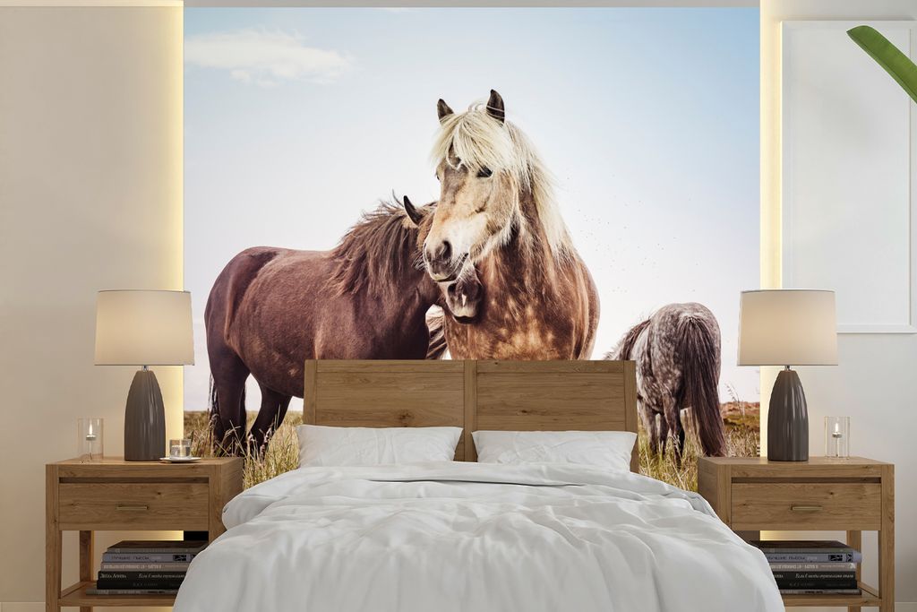 MuchoWow Fototapete für Wohnzimmer oder Schlafzimmer Wandtapete Vinyl Motivtapete Pferde - Gras - Frühling - 300x300 cm - Wanddekoration