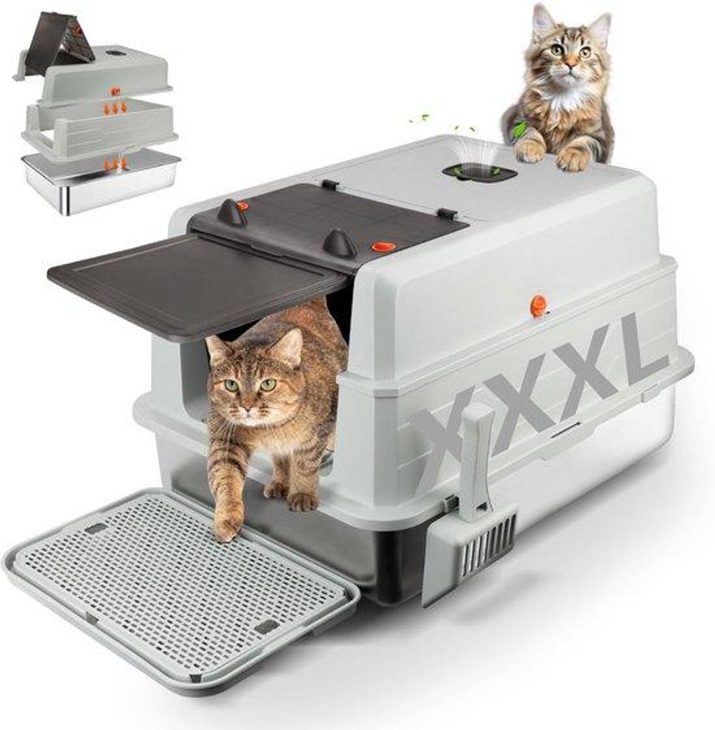 Grosse Katzenkiste aus Edelstahl mit Deckel, 71 x 51 x 43 cm, XXXL, geschlossen, mit Schaufel und Fußpedal, Geruchskontrolle, einfach zu reinigen,...