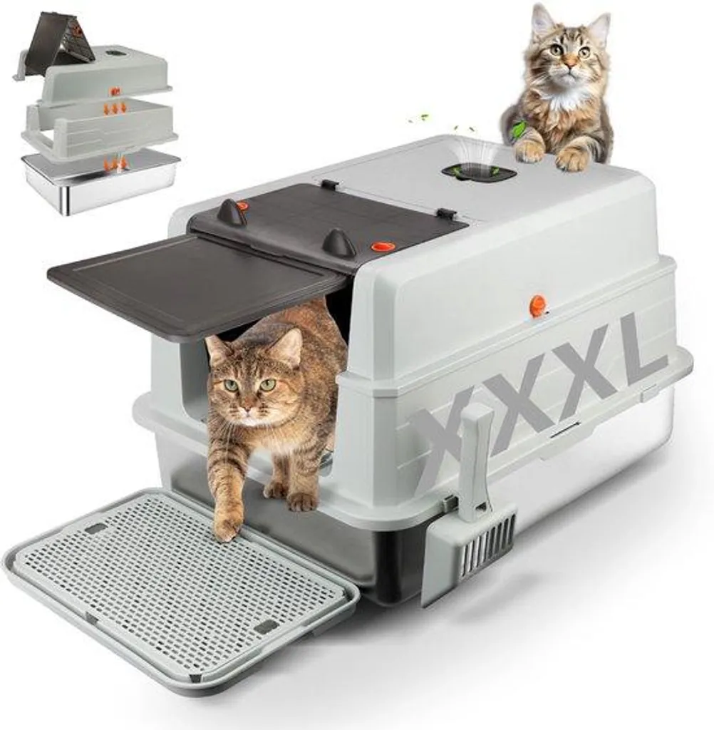 Bac à litière géant pour Maine Coon en inox avec toit amovible gris
