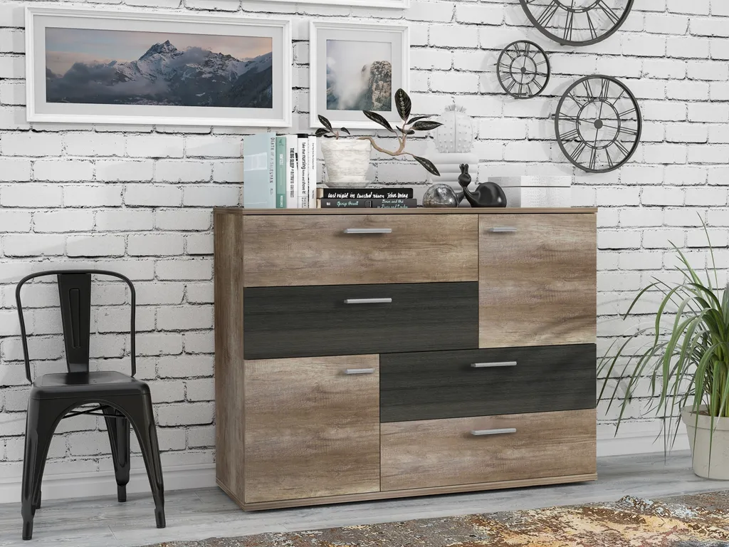 Commode combinée SKIVE grand bahut de rangement chêne pour salon
