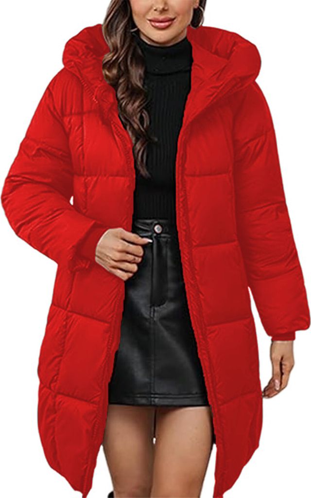 ASKSA Damen Wintermantel mit Kapuze Dick Warmer Steppmantel Lang Daunenjacke Outdoorjacke Winddicht Daunenmantel Steppjacke Outwear (Rot,XL)