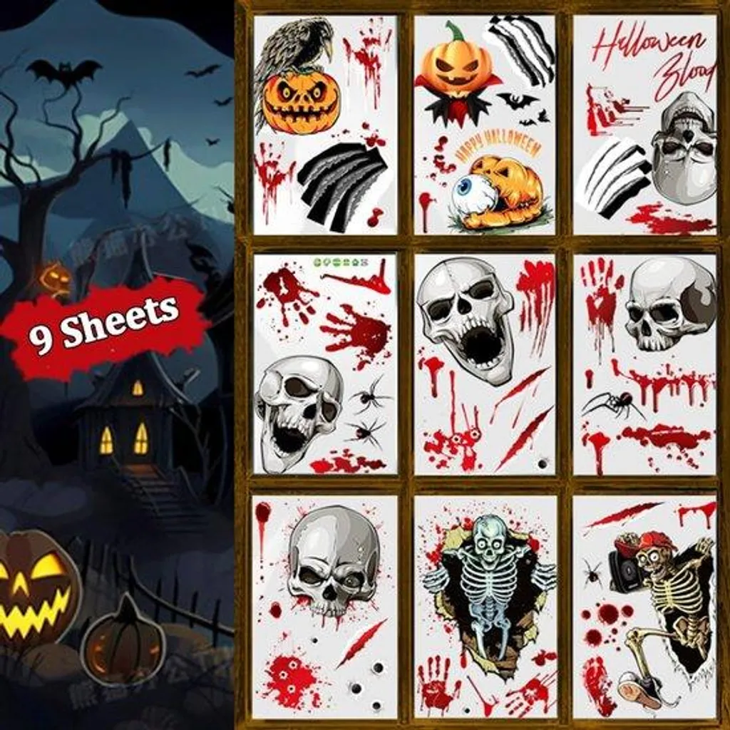 Décoration de Fête Halloween : Lot 9 Stickers Squelettes pour Intérieur